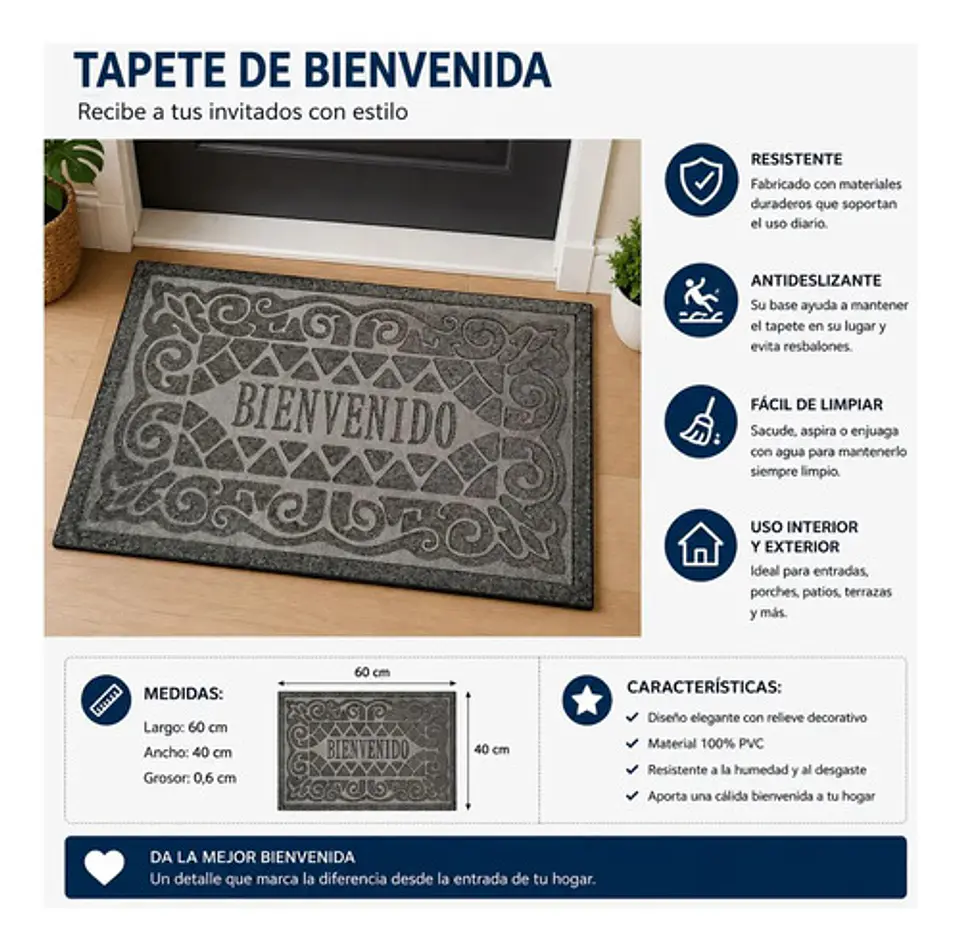 Tapete De Bienvenida Antideslizante Para Entrada Hogar 60x40 2