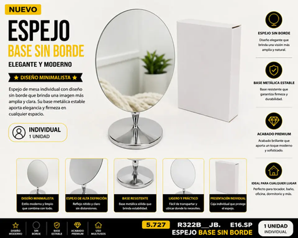Espejo Tocador Individual Base Metálica Acabado Moderno 2