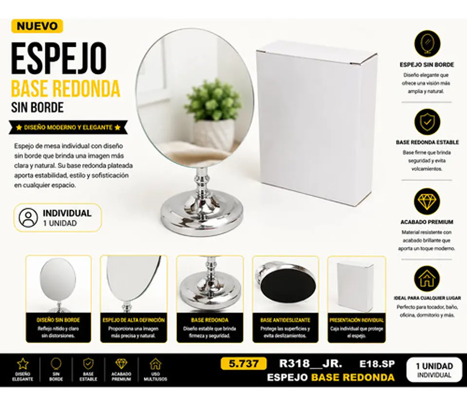 Espejo Individual Decorativo Base Redonda Plateada 2