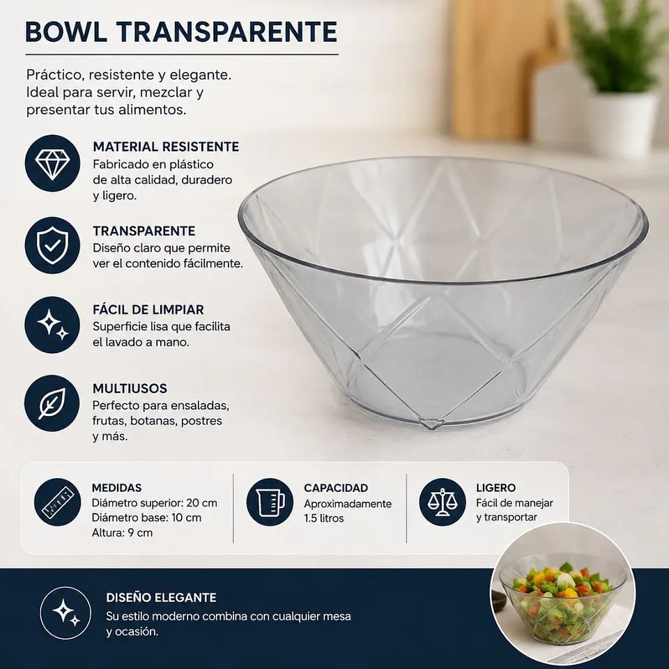 Bowl Acrílico Transparente Grande Para Frutas Ensaladas Y Postres 4