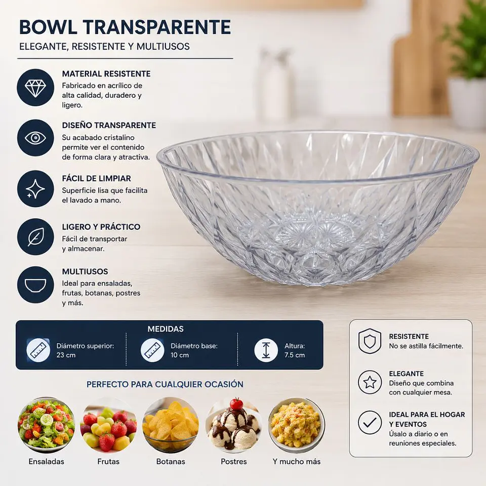 Bowl Redondo Acrílico Transparente Para Ensaladas Frutas 2