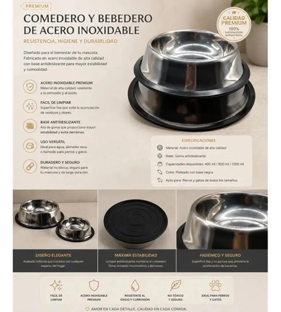 Combo Plato De Acero Inoxidable Antiderrames Para Perros 3
