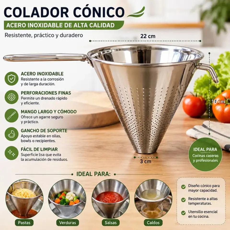 Colador Cónico Acero Inoxidable Con Mango Para Cocina 22 Cm 2