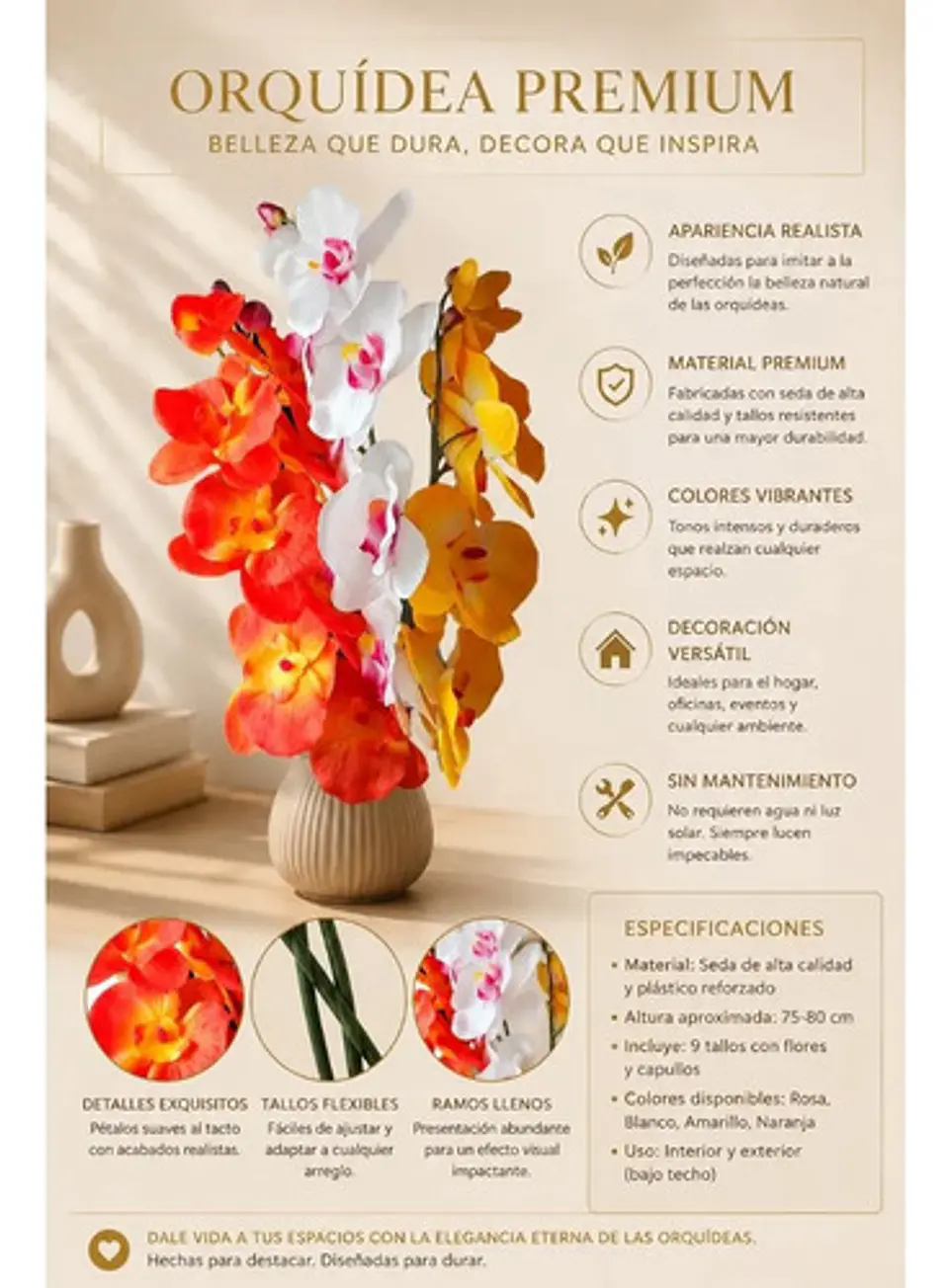 Orquídea Artificial Grande De Seda Realista Para Decoración 2