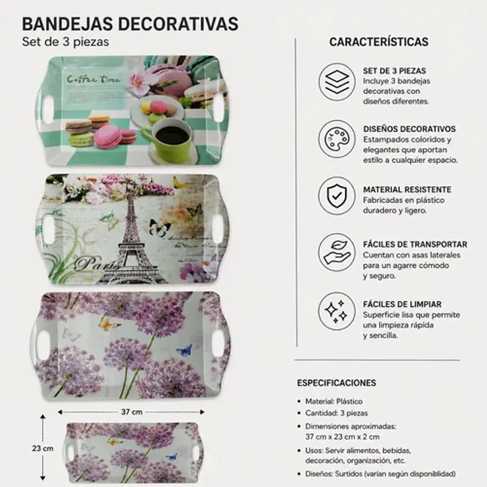 Bandejas Decorativas Plásticas 37x23 Cm Con Asas Multiusos Multicolor 2