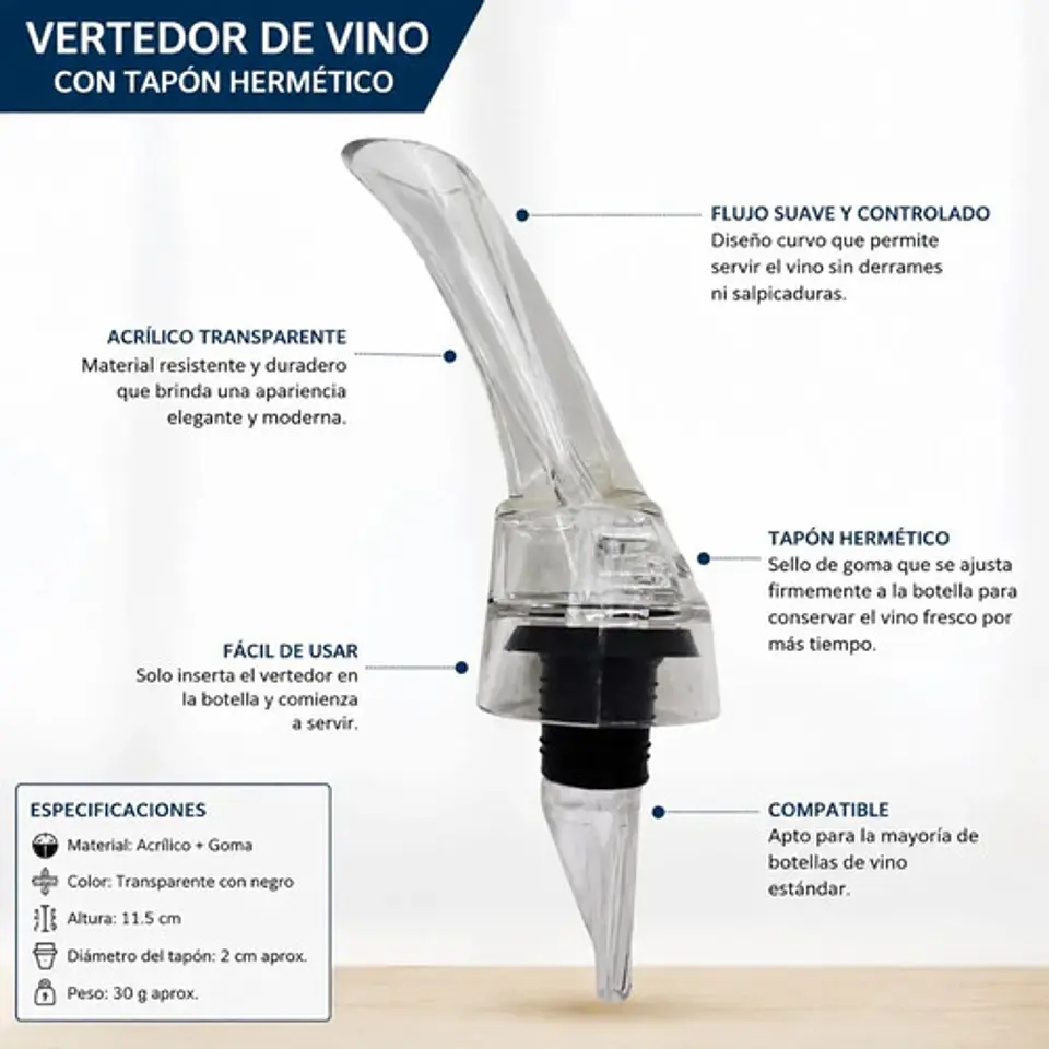 Vertedor Dosificador Vino Antigoteo Con Tapón Hermético 3