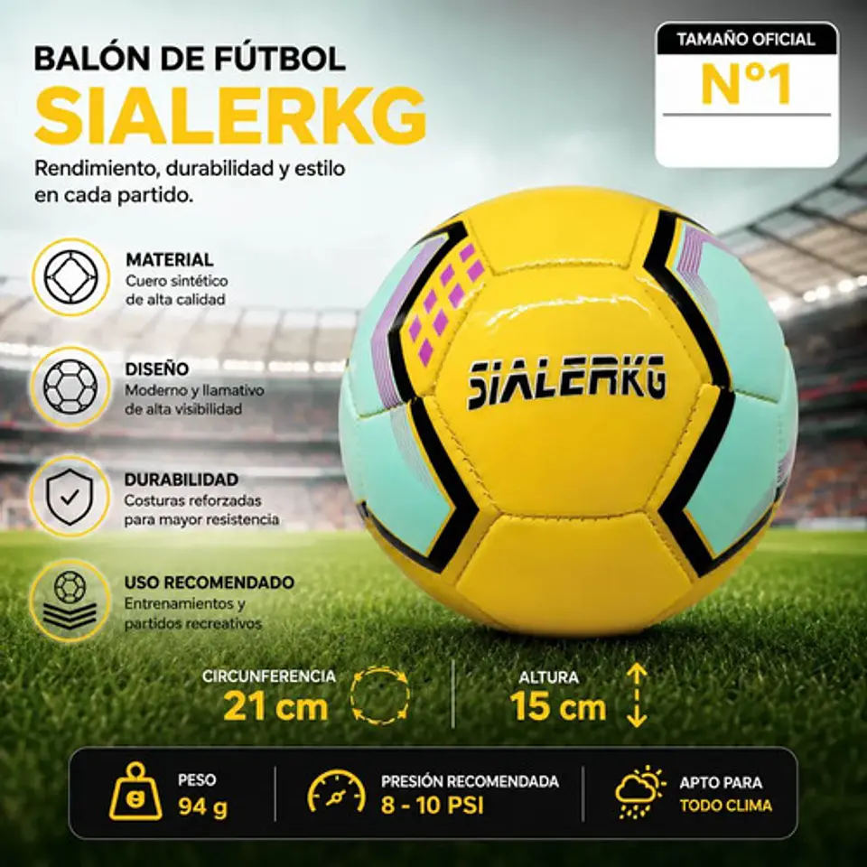Balón Fútbol Sialerkg Tamaño 1 Cuero Sintético Resistente Amarillo 2