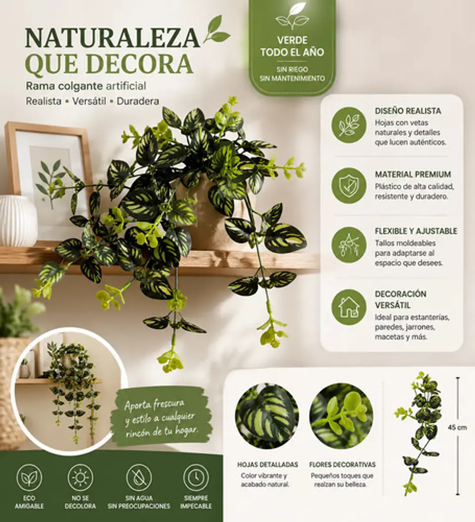 Rama Colgante Artificial Premium Hojas Realistas Decorativas 2