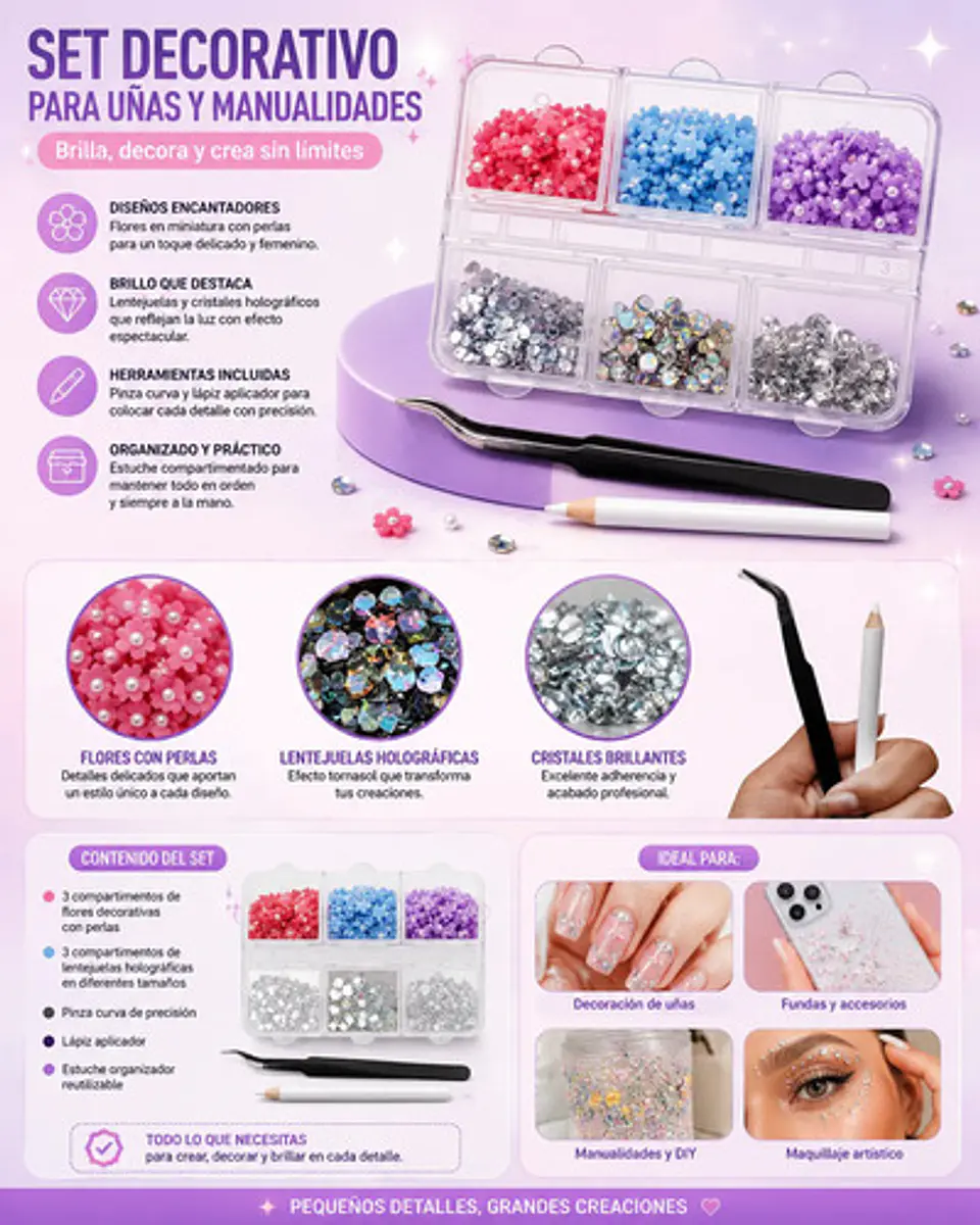 Set De Decoración Para Uñas Con Rhinestones Y Flores 3d Perlas 2