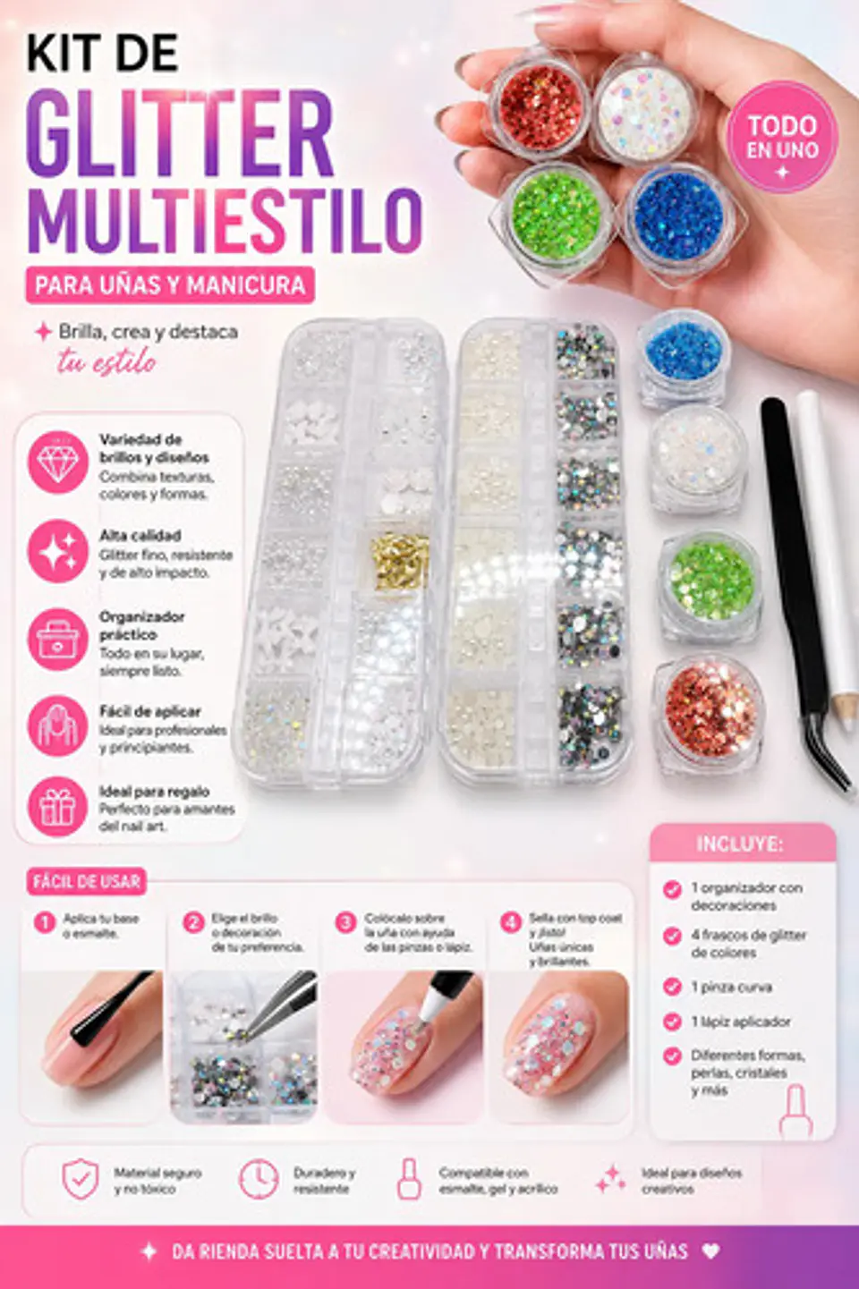 Set De Decoración Para Uñas Con Cristales Perlas Y Glitter Gemas 6