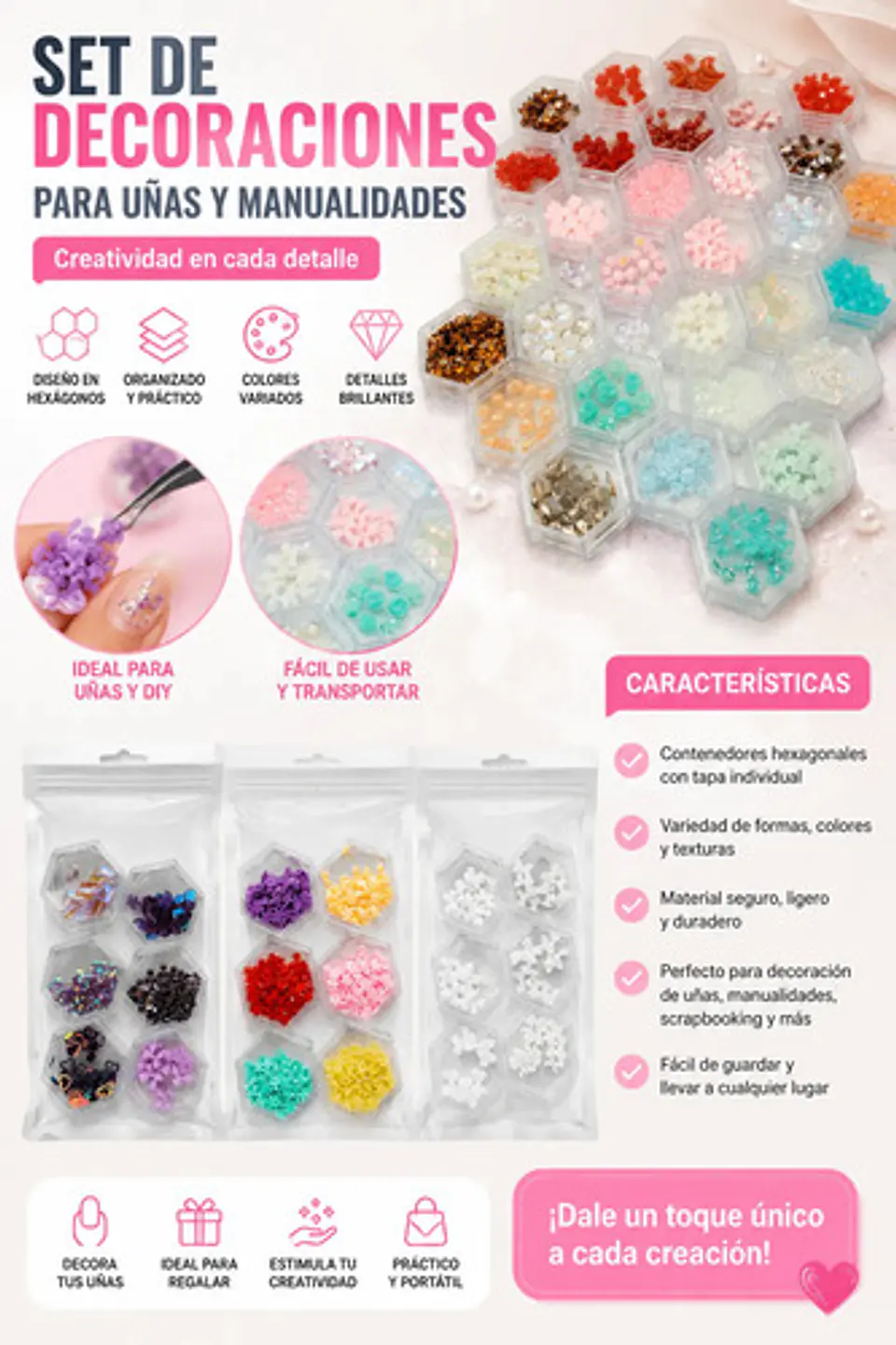 Set Decoración Para Uñas Nail Art Con Figuras 3d Y Cristales 5