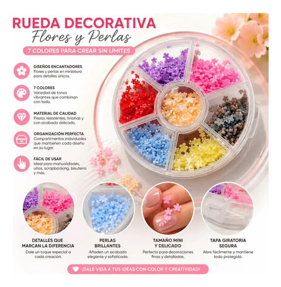 Organizador Circular Con Mini Flores Y Perlas Para Nail Art 6