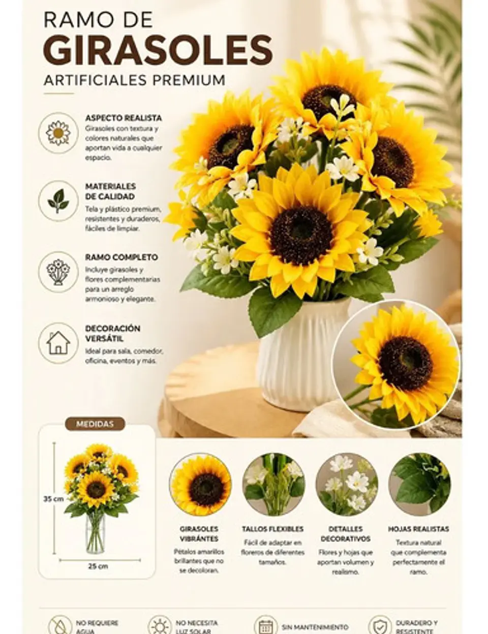 Ramo De Girasoles Artificiales Realistas Con Follaje Premium 3