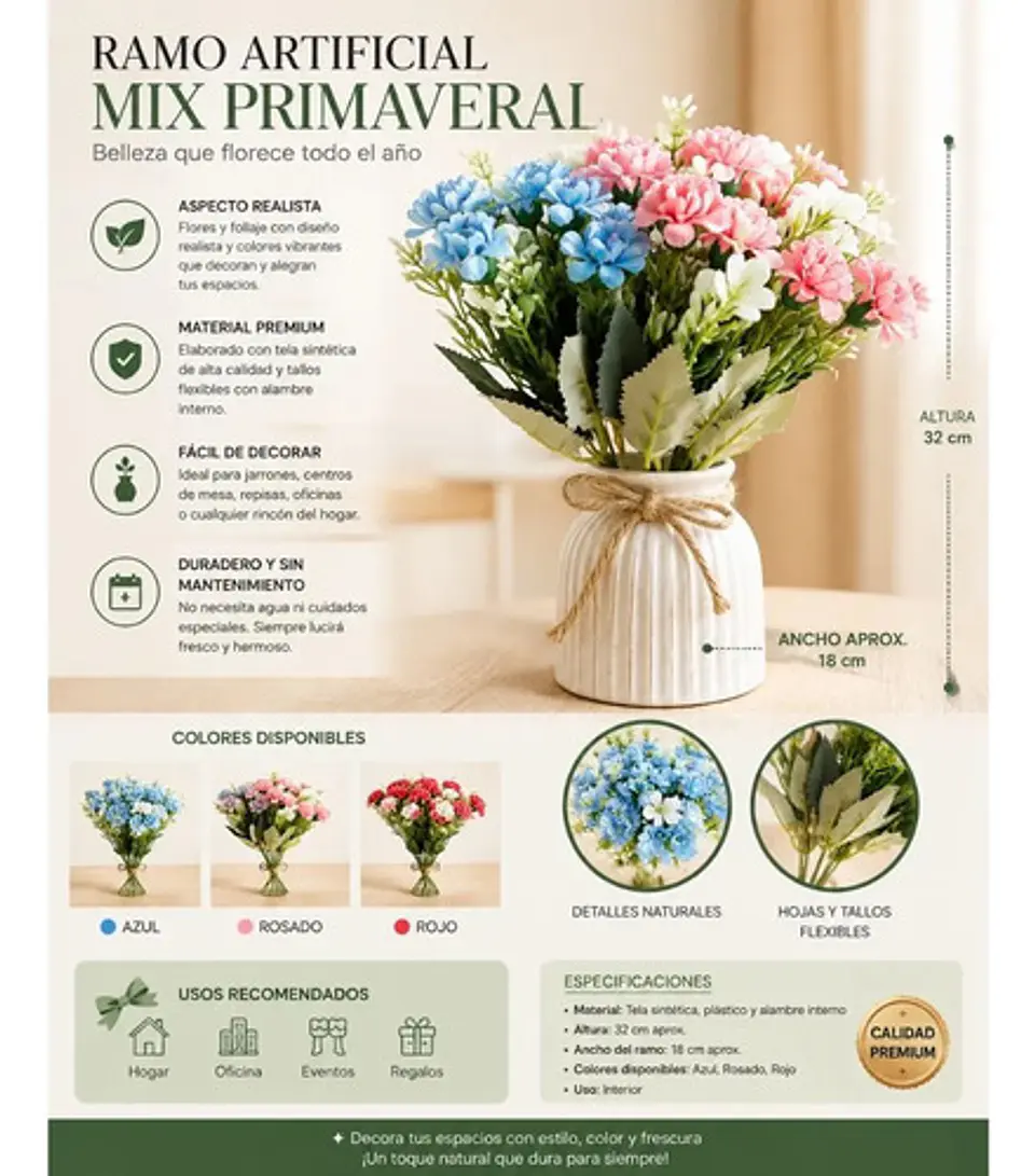 Ramo Artificial Mix Primavera Flores Multicolor Premium 4