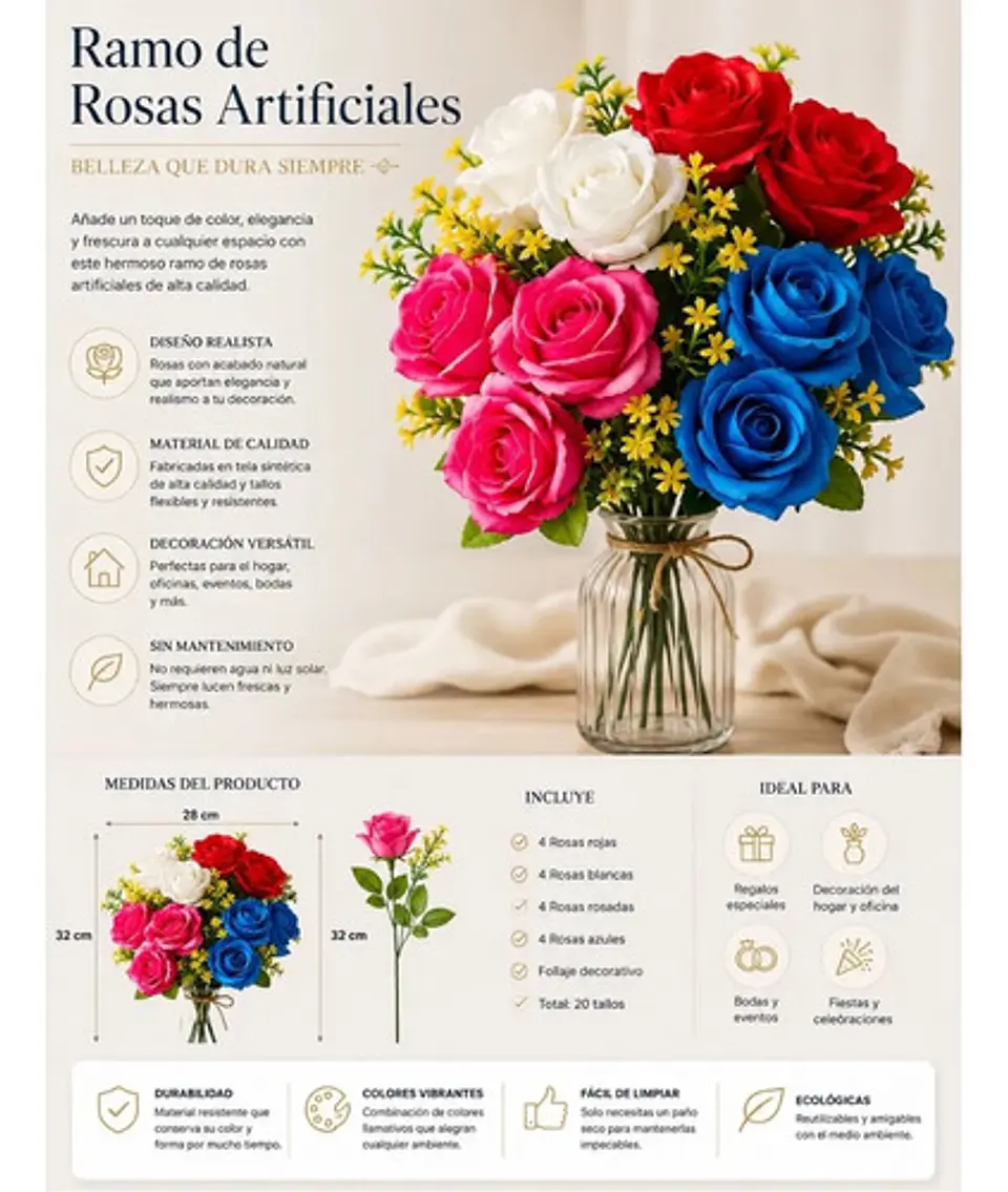 Ramo De Rosas Artificiales Multicolor Decoración Hogar X 5 3