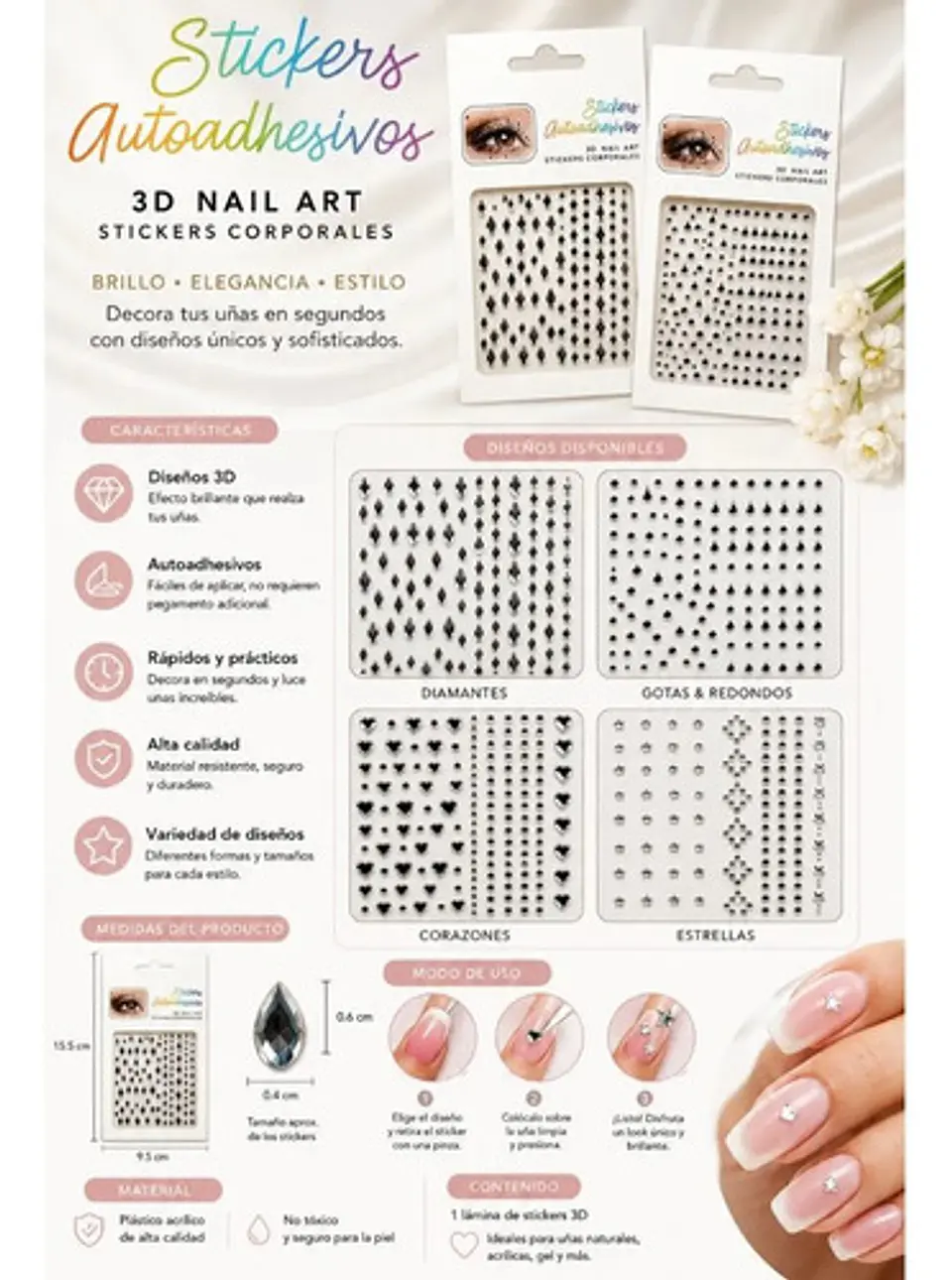 Stickers Autoadhesivos 3d Para Uñas Nail Art Decoración X 12 4