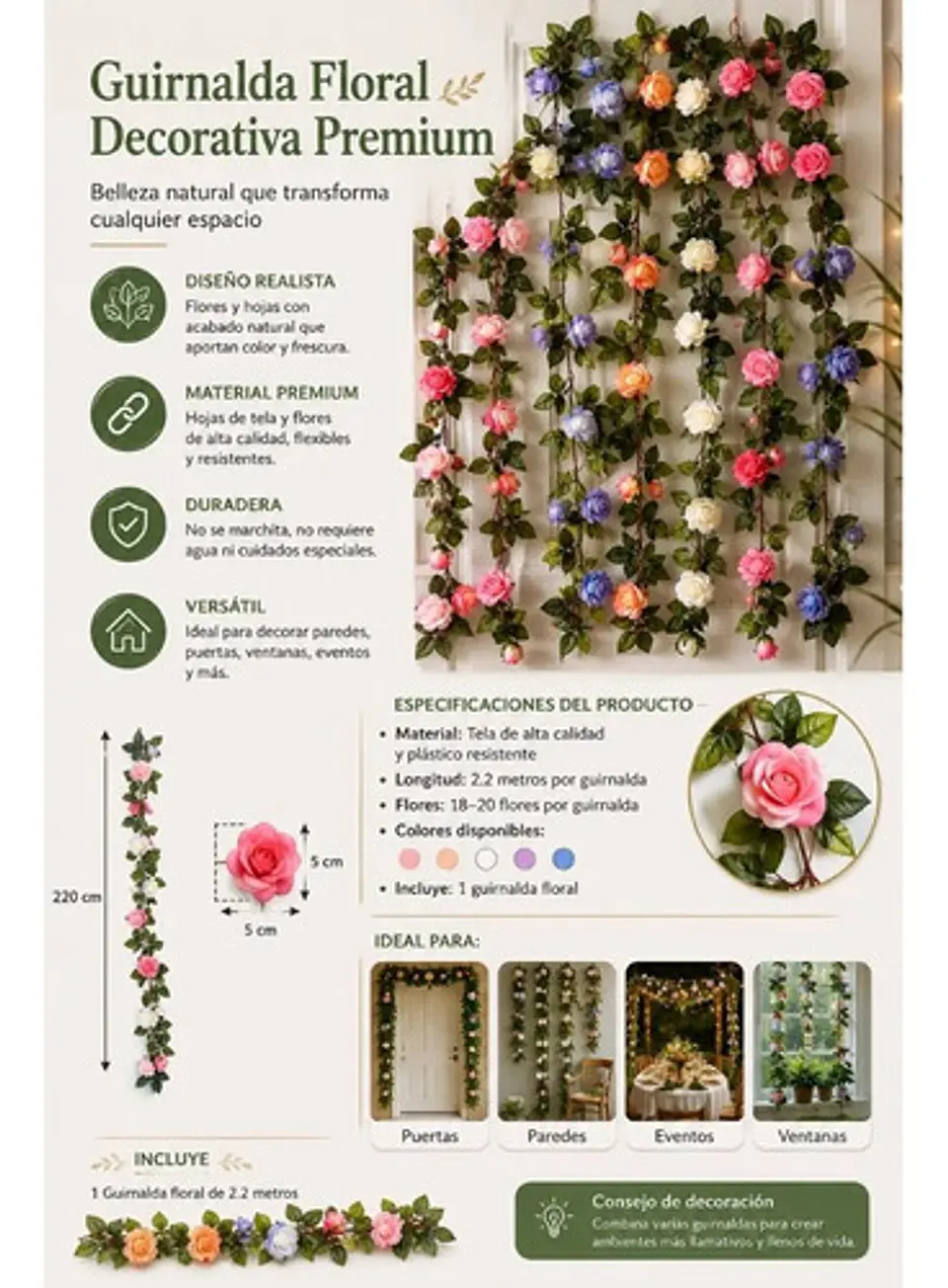 Guirnalda Flores Rosas Artificiales Premium Para Eventos 3
