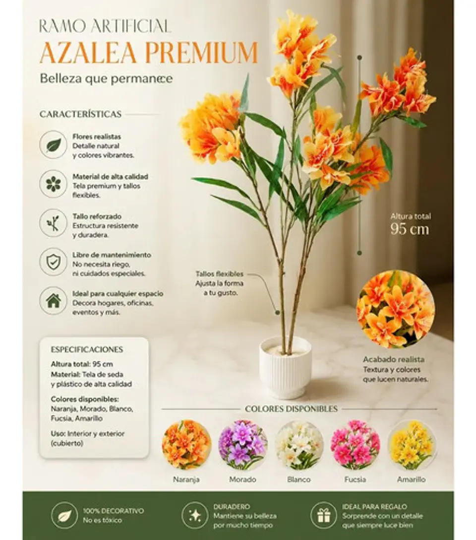 Ramo Artificial Flores Azalea Decorativas Realistas 4