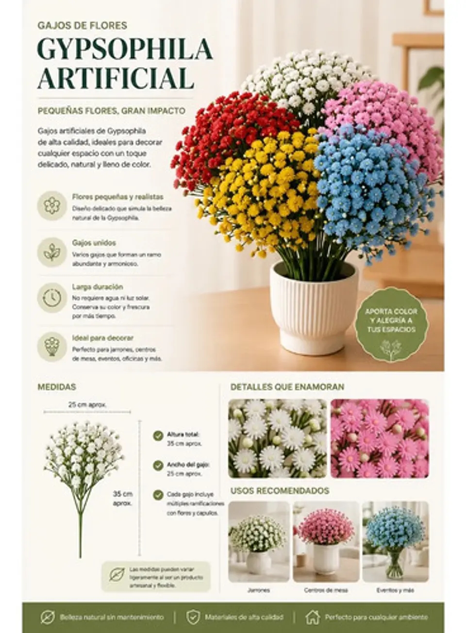 Flores Artificiales Gypsophila Gajo Multicolor Para Decorar 4