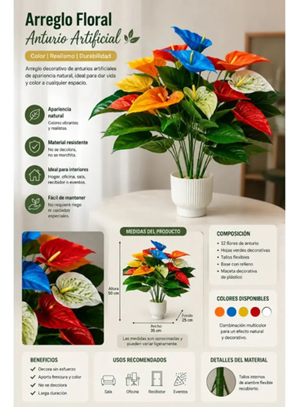 Arreglo Floral Anturios Artificiales Decorativo Premium 5