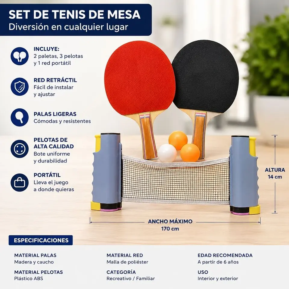 Set De Tenis De Mesa Portátil Rojo Con 2 Paletas Y 3 Pelotas 2