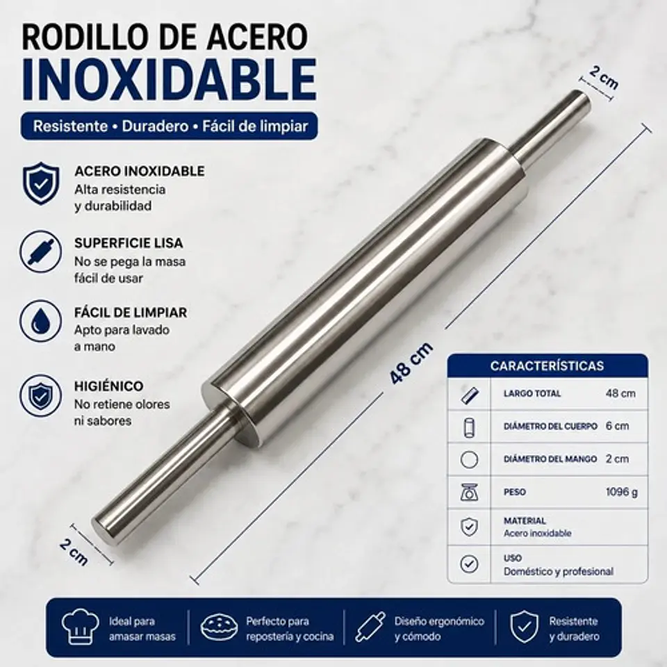 Rodillo Acero Inoxidable 48 Cm Repostería Cocina Profesional 2