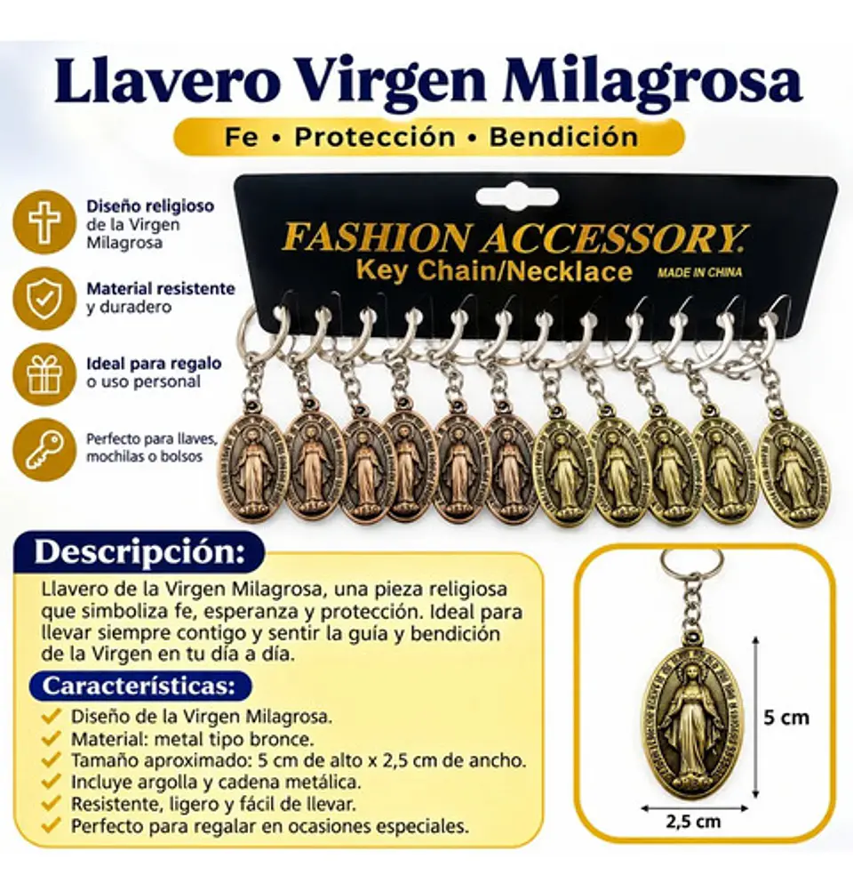 Set De 12 Llavero Virgen Milagrosa Metálicos  Protección 5