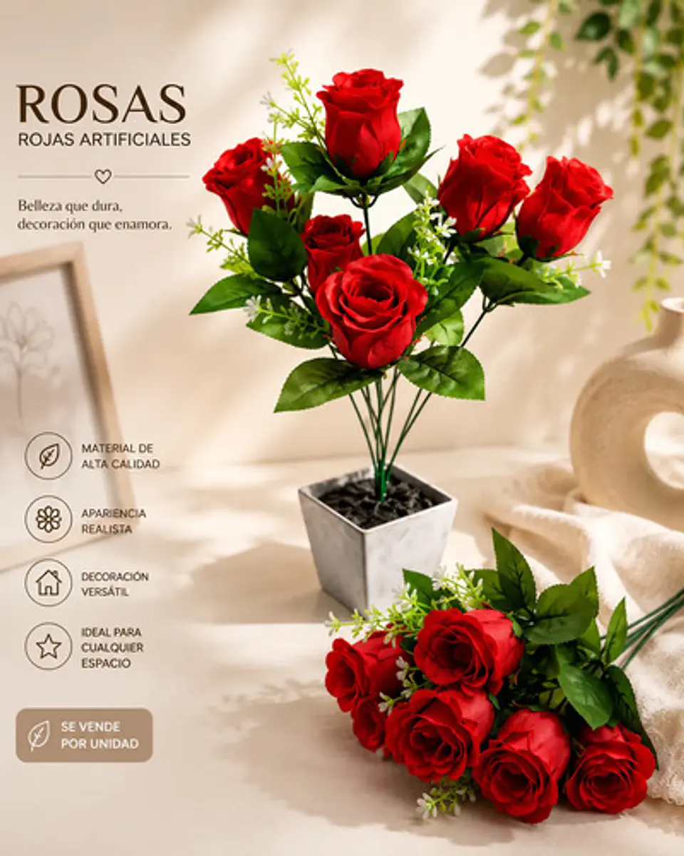 Arreglo Floral De Rosas Rojas Artificiales Para Decorar 2