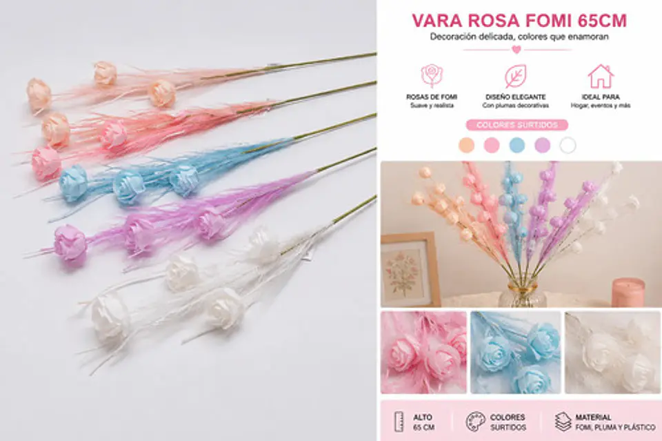 Rosa Artificial Decorativa 65 Cm Fomi Colores Pastel Hogares 2