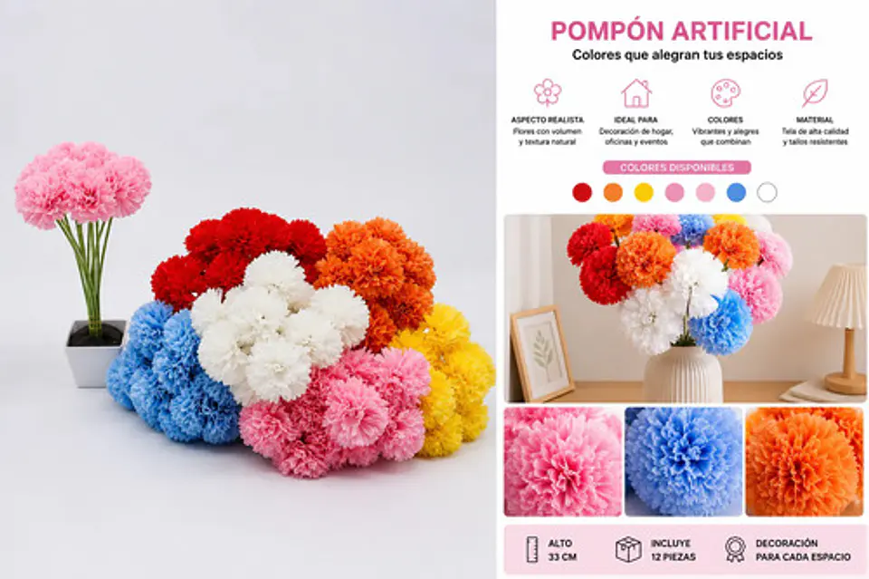 Pompón Artificial Multicolor 29 Cm Flores Para Decoración 2