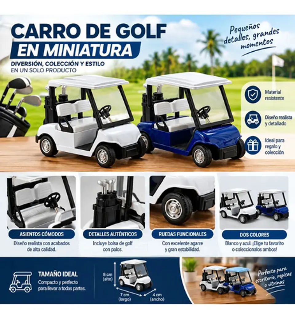 Carrito De Golf Miniatura Blanco Y Azul Coleccionable 2