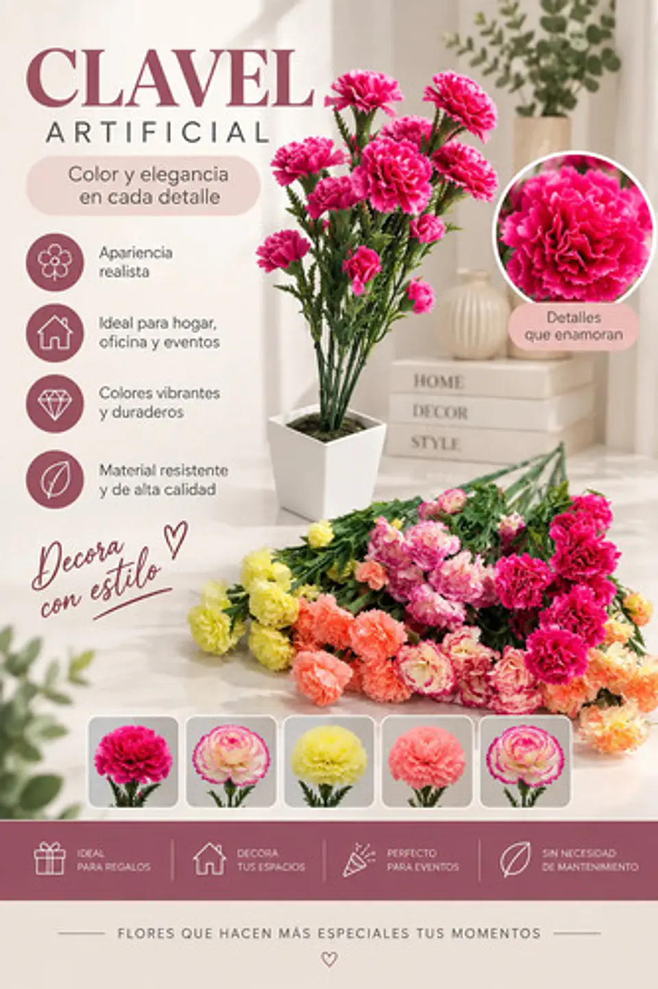 Flores De Clavel Artificial Para Decoración Hogar Y Eventos 2