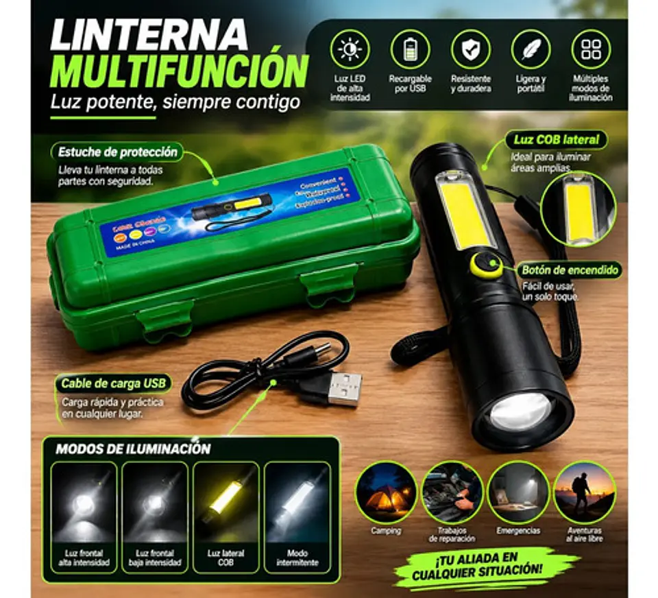 Linterna Táctica Recargable Usb Con Luz Cob Y Estuche 2