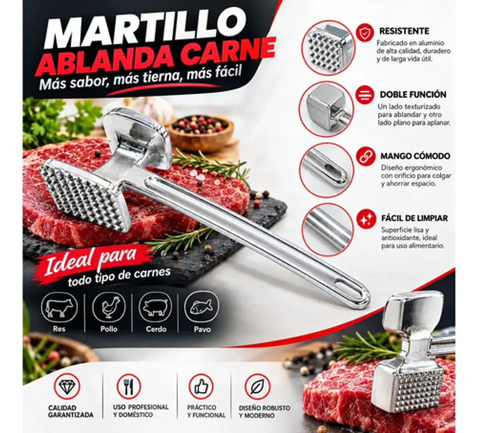 Mazo Ablanda Carne De Aluminio Antioxidante Ergonomico 4