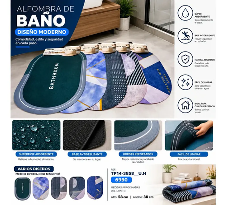 Alfombra Tapete De Baño Antideslizante Absorbente 58x38 Cm Variedad 3