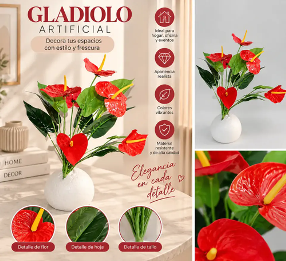 Gladiolo Artificial Rojo Decorativo Para Hogar Y Tus Eventos 2