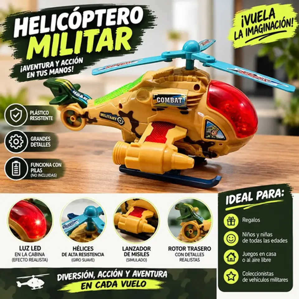 Helicóptero Militar De Juguete Con Luz Led Caqui 5