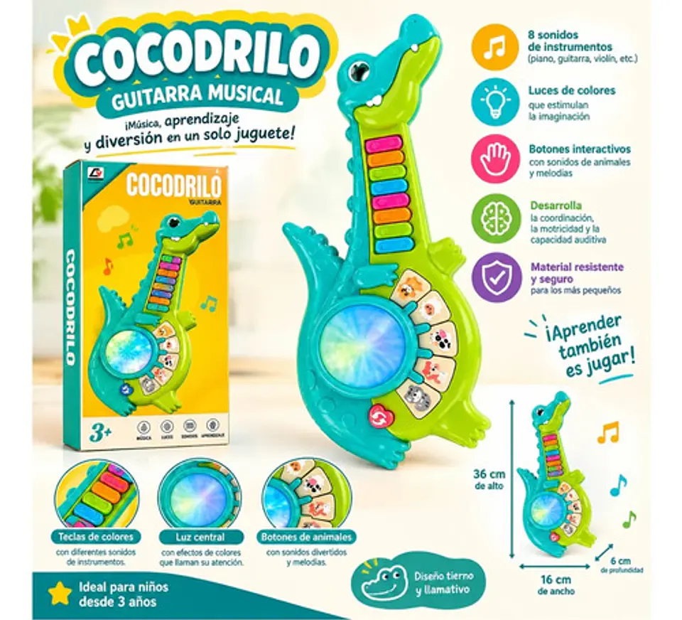 Guitarra Musical Infantil Cocodrilo Con Luces Y Sonidos 3