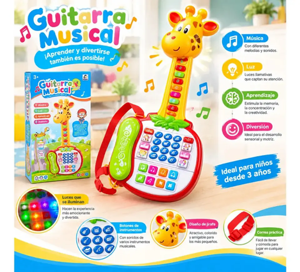 Juguete Musical Teléfono Y Guitarra Jirafa Educativo Español Amarillo 3