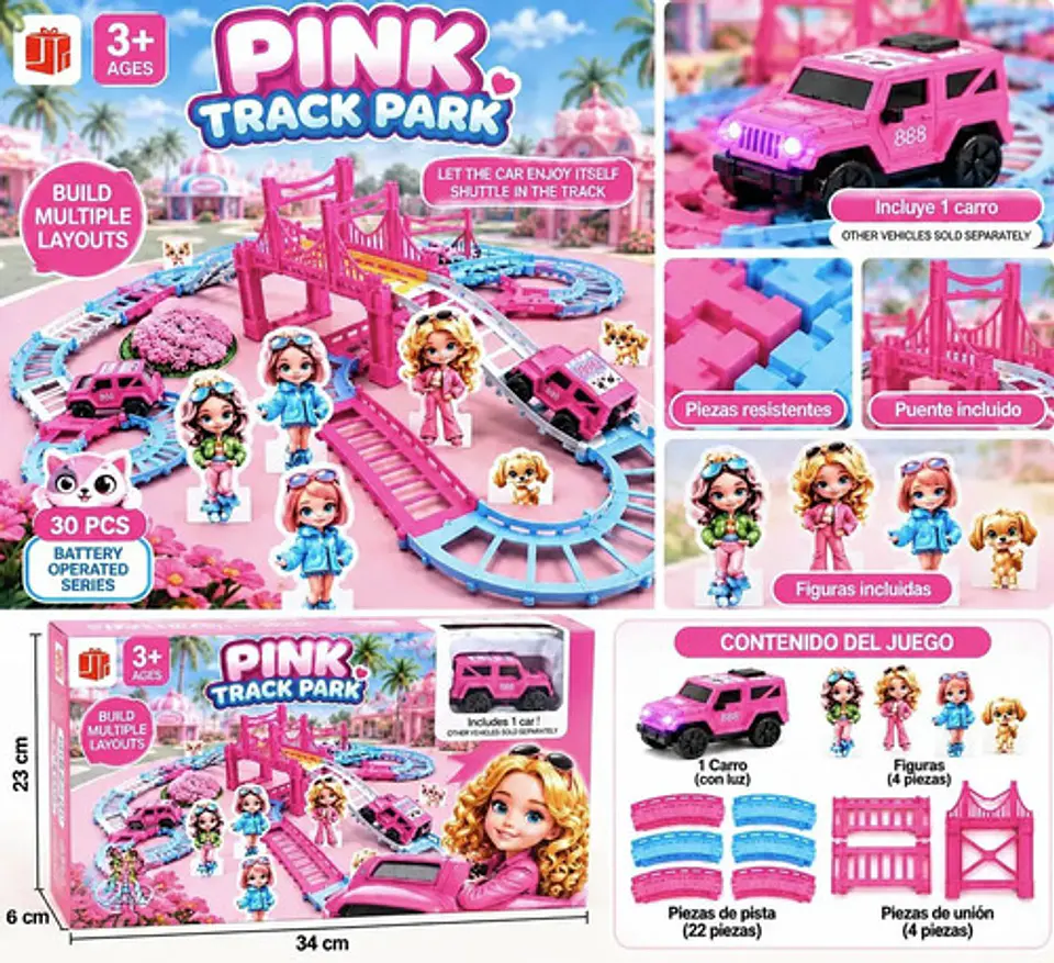 Pista De Carros Infantil Rosa Con Puente Para Niñas Y Niños 1