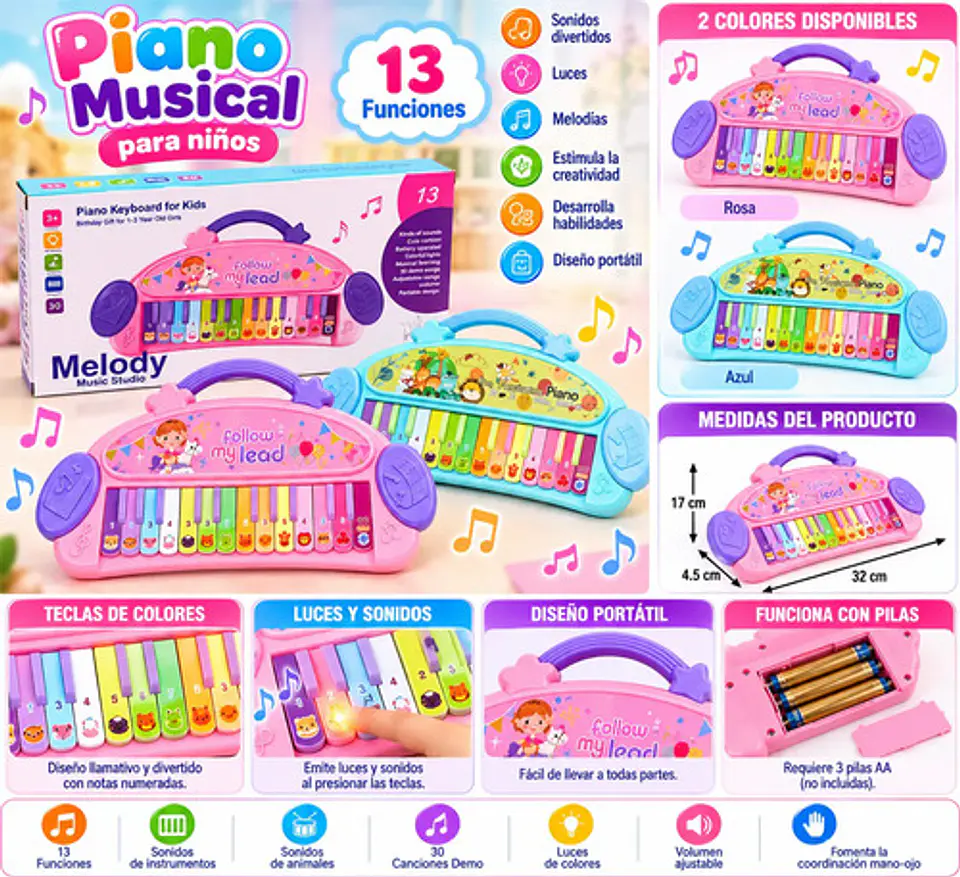 Piano Musical Infantil Con Teclas De Colores Para Niños 2