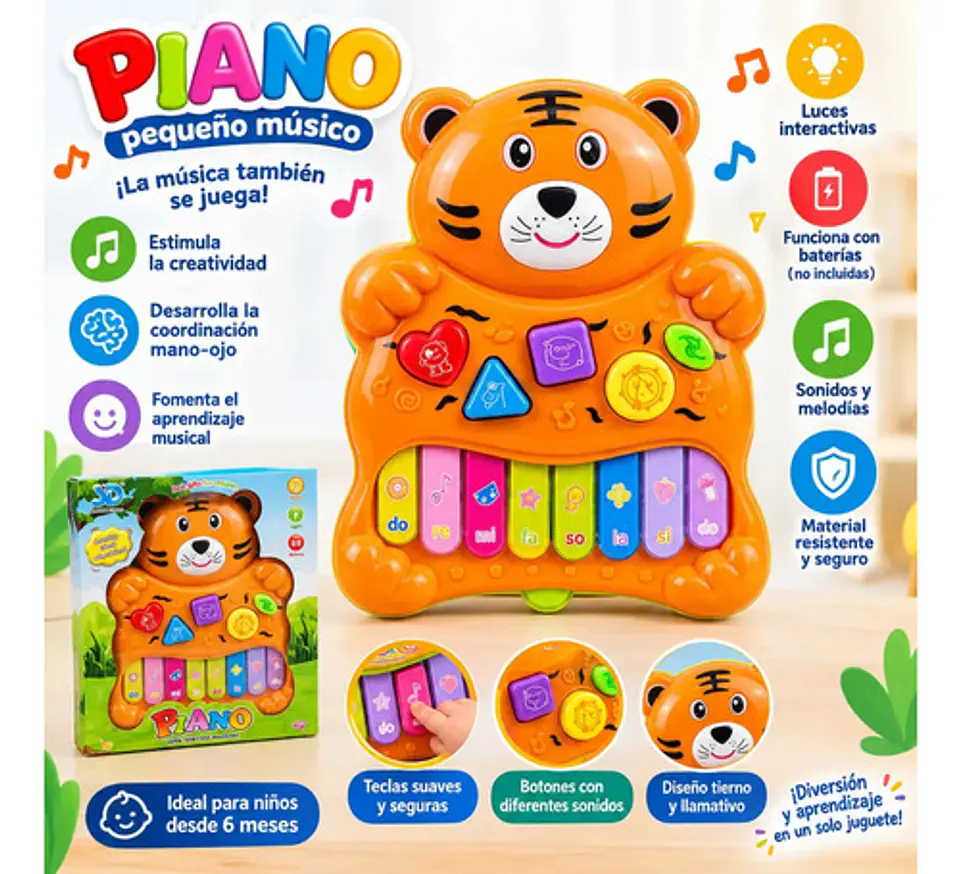 Piano Musical Infantil Tigre Con Luces Y Sonidos Premium 5