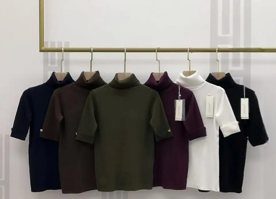 Blusa malha fina, manga curta e gola alta  1