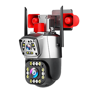 Camara Wifi Ptz Doble Lente 360 Exterior Sirena Baliza Negra Con Gris