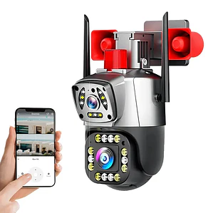 Camara Wifi Ptz Doble Lente 360 Exterior Sirena Baliza Negra Con Gris
