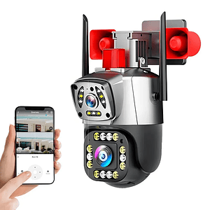 Camara Wifi Ptz Doble Lente 360 Exterior Sirena Baliza Negra Con Gris