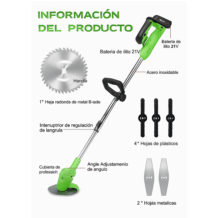 Cortadora de Césped Inalámbrica Mangocargo 21V 15cm con 4 Alturas y 2 Baterías 3
