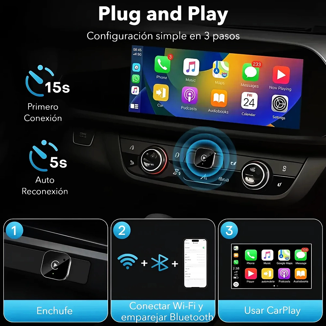 Adaptador USB Bluetooth CarPlay y Android Auto Inalámbrico para Autos y Camionetas 6