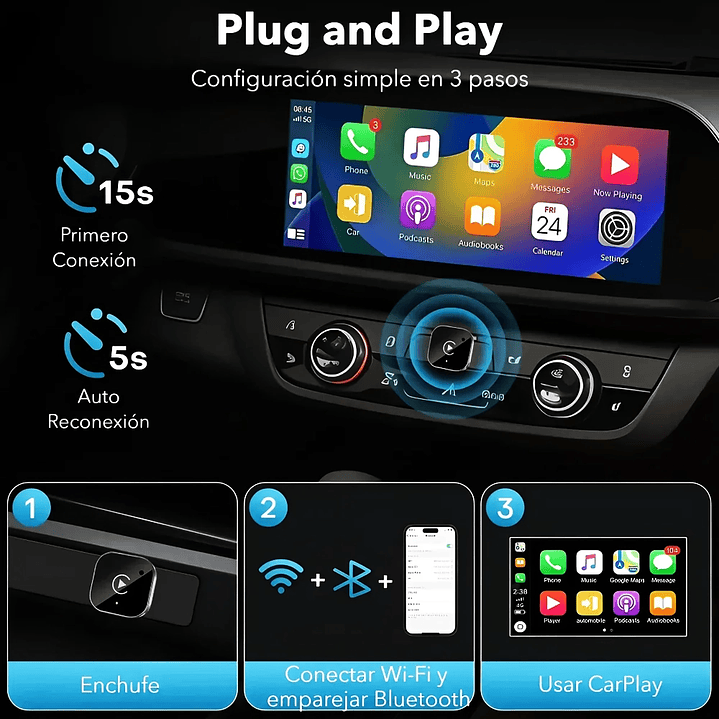 Adaptador USB Bluetooth CarPlay y Android Auto Inalámbrico para Autos y Camionetas 6