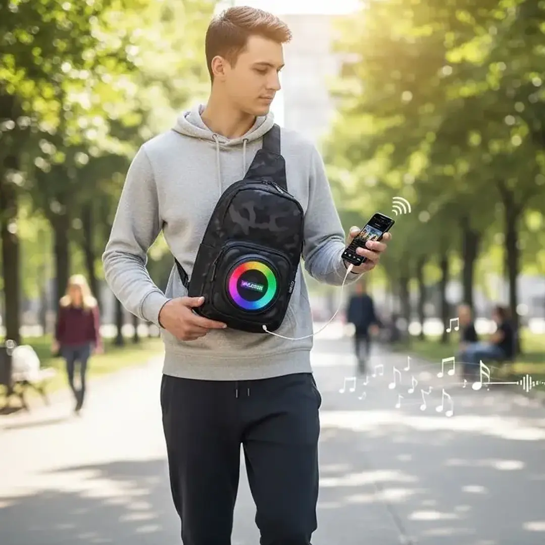 Parlante Bluetooth Portátil Tipo mochila 8W con Radio y Luces RGB 4